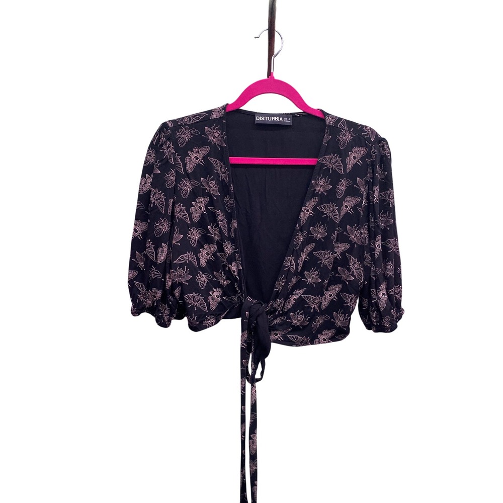 Disturbia cottagecore Moth Beetle Insect Print Tie Front Top US 12 goth whimsy